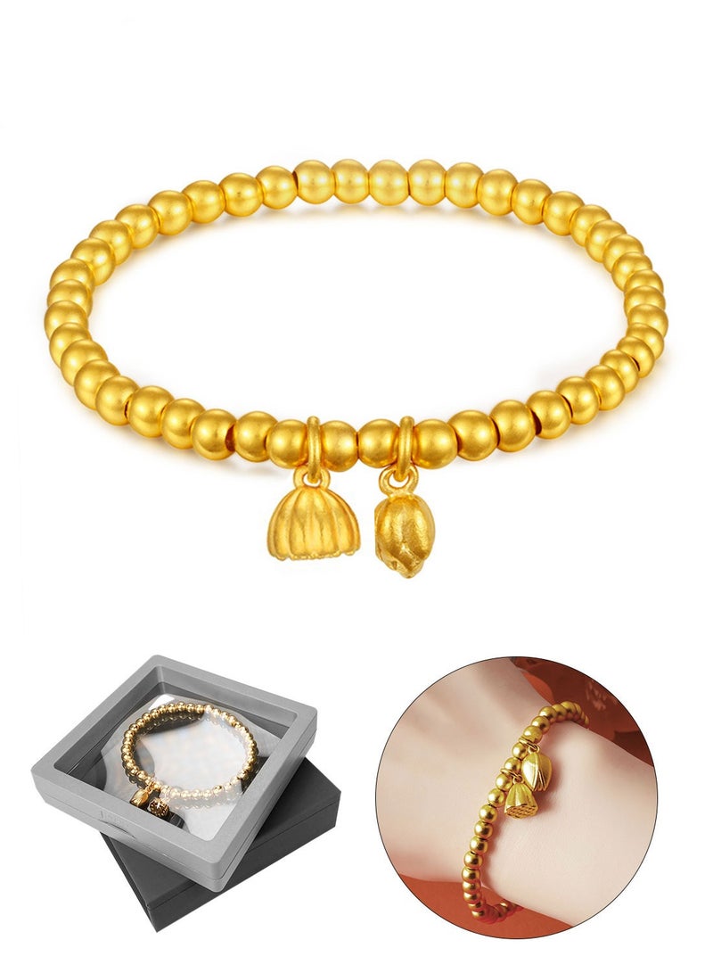 Syarme Women Bracelets 18K Gold-Plated Bangles, Gold Plated Bead Temperament Wristband, Diameter 5cm, Girl Jewelry Golden Lotus Lover Etiquette Bracelet, with Gift Box - Image 1