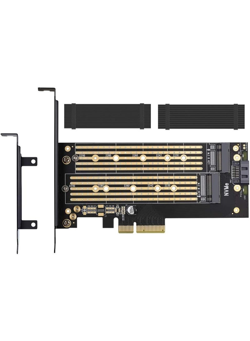 JEYI Dual M.2 PCIE Adapter for SATA or PCIE NVMe SSD with Advanced Heat Sink Solution,M.2 SSD NVME (m Key) and SATA (b Key) 22110 2280 2260 2242 2230 to PCI-e x 4 Host Controller Expansion Card - Image 1