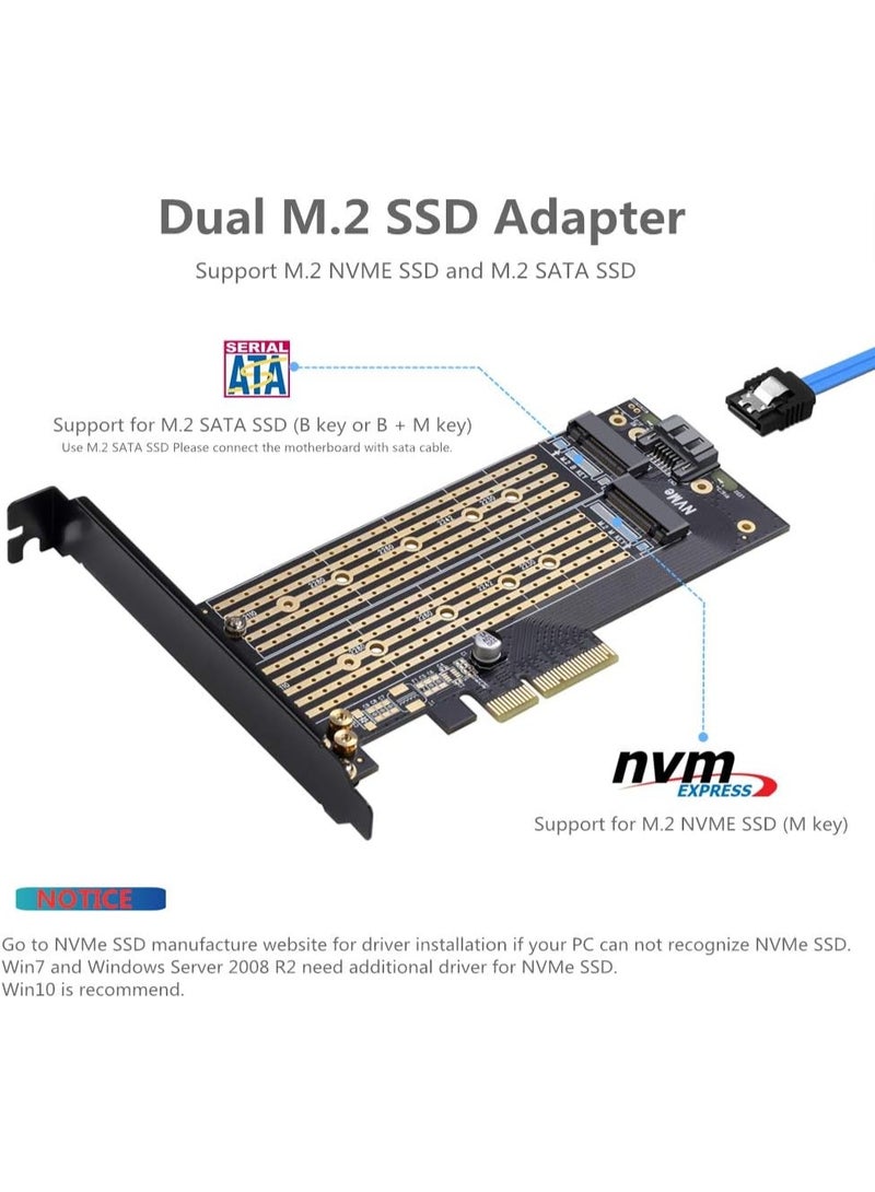 JEYI Dual M.2 PCIE Adapter for SATA or PCIE NVMe SSD with Advanced Heat Sink Solution,M.2 SSD NVME (m Key) and SATA (b Key) 22110 2280 2260 2242 2230 to PCI-e x 4 Host Controller Expansion Card - Image 3