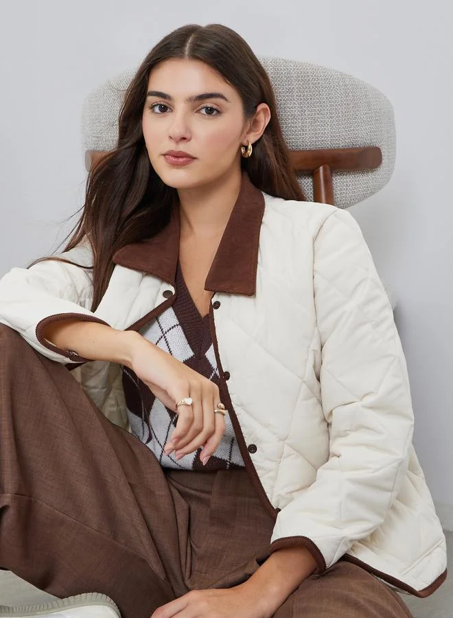 White Solid Quilted Padded Jacket with Button Front