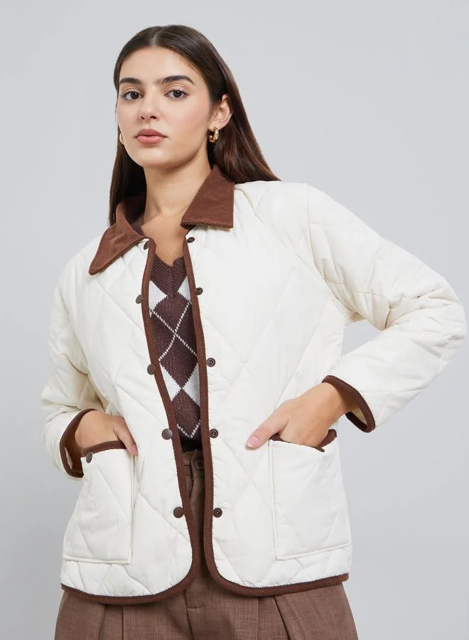 Styli White Solid Quilted Padded Jacket with Button Front