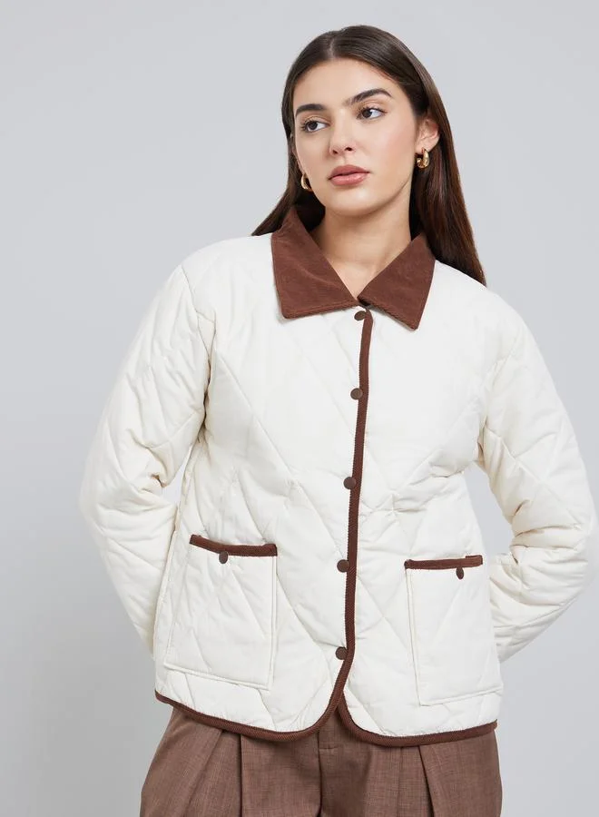 Styli White Solid Quilted Padded Jacket with Button Front