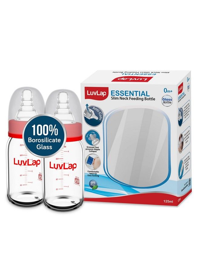 Luvlap زجاجة رضاعة أساسية رفيعة الرقبة 125 مل للأطفال من سن 0 أشهر فما فوق، مصنوعة من زجاج البورسليكات وخالية من مادة BPA، ذات شكل مريح يسهل حملها مع حلمة مضادة للمغص، عبوة من قطعتين باللونين الأبيض والأحمر - Image 2