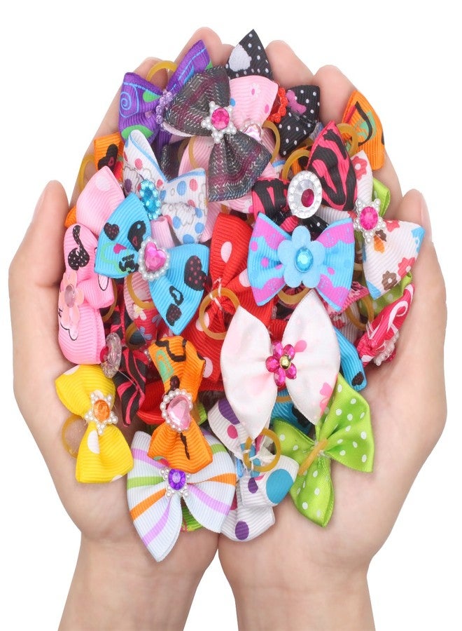YOY 50 Pcs Adorable Grosgrain Ribbon Pet Dog Hair Bows with Elastic Rubber Bands - Doggy Kitty Topknot Grooming Accessories Set for Long Hair Puppy Cat - Image 5
