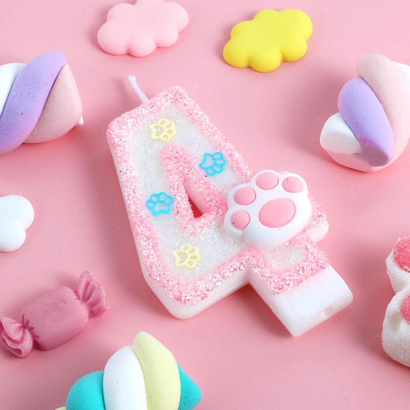 AKURIEEY Dog and Cat 4th Birthday Candle Pink Numbers 4 Candle Paw Cake Topper Cupcake Decorations for Pet Theme Party Decor Anniversary Celebrations Supplies - Image 2