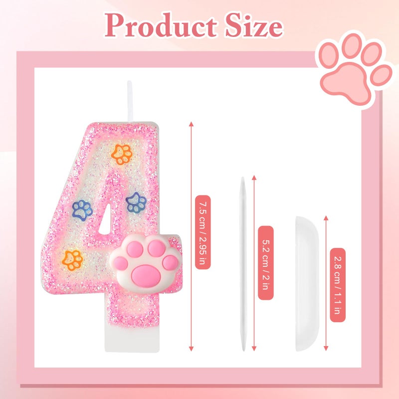 AKURIEEY Dog and Cat 4th Birthday Candle Pink Numbers 4 Candle Paw Cake Topper Cupcake Decorations for Pet Theme Party Decor Anniversary Celebrations Supplies - Image 3