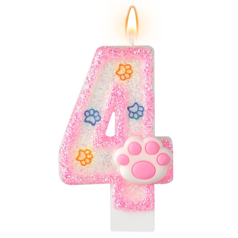 AKURIEEY Dog and Cat 4th Birthday Candle Pink Numbers 4 Candle Paw Cake Topper Cupcake Decorations for Pet Theme Party Decor Anniversary Celebrations Supplies - Image 1