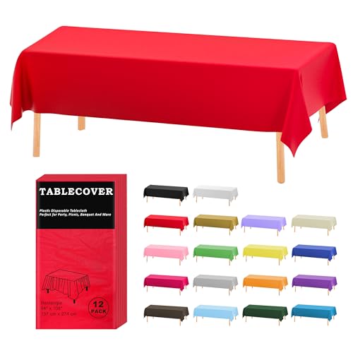 DZ Plastic Table Cloth Disposable 12 Pack Red Rectangle Tablecloth Individually Wrapped for IndoorOutdoor 54 x 108 Inch Table Cover for Party Picnic Birthday Wedding  Dinner