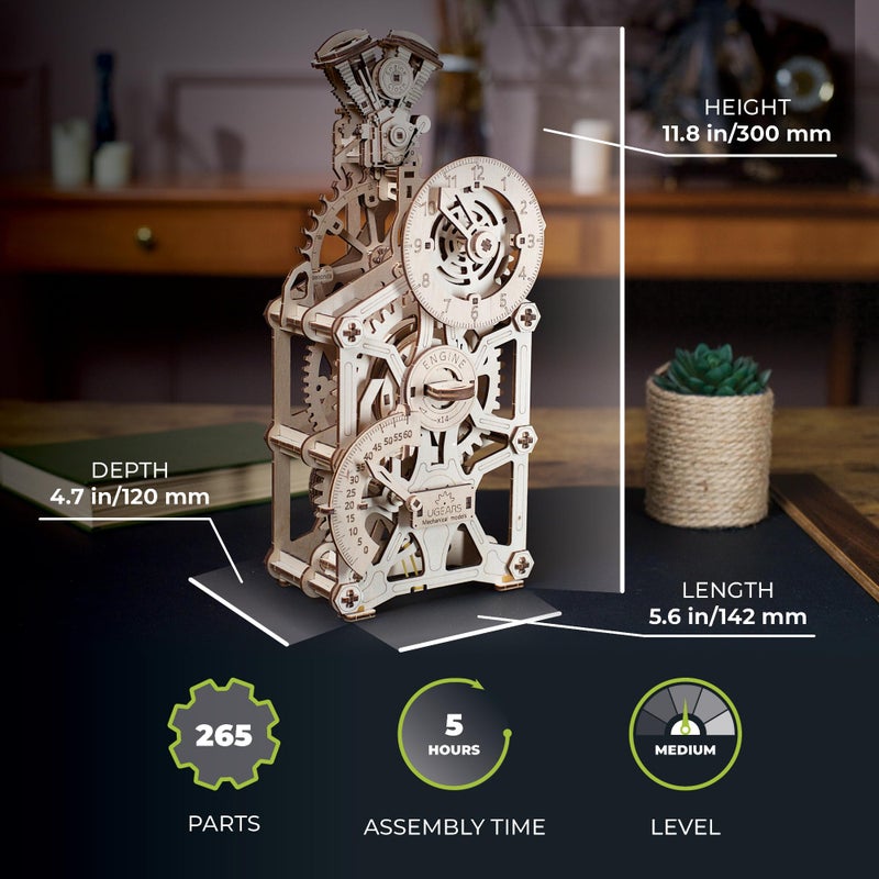 UGEARS Engine Clock 3D Wooden Puzzles for Adults â€“ Wooden Model Kits for Adults, Mechanical Clock Kit with Moving Pistons, Steam Engine Kits, Clocks Kits for Do It Yourself, Brain Teaser 3D Puzzle - Image 2
