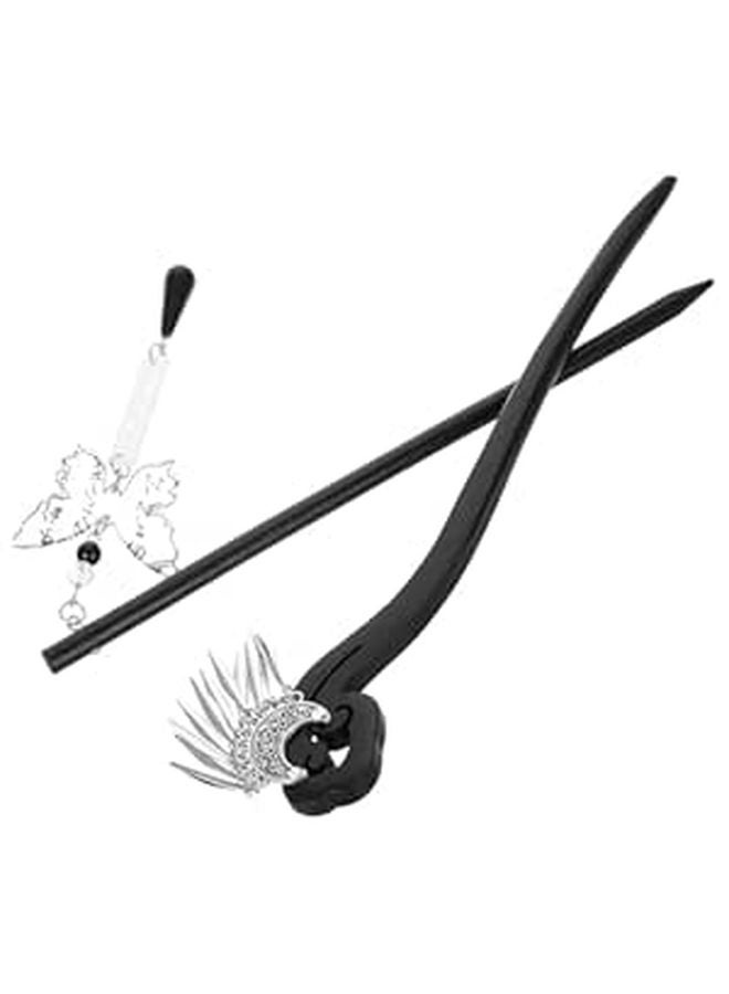 Black Wooden Hair Sticks For Women Butterfly Moon Design Hair Chopsticks French Forks - Image 1
