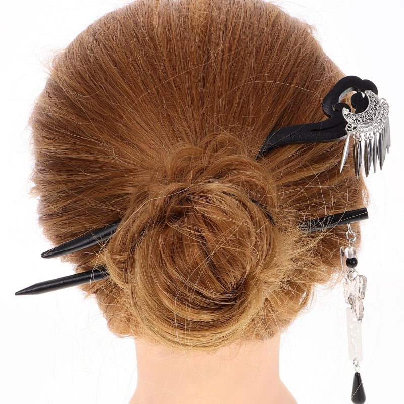 Black Wooden Hair Sticks For Women Butterfly Moon Design Hair Chopsticks French Forks - Image 5