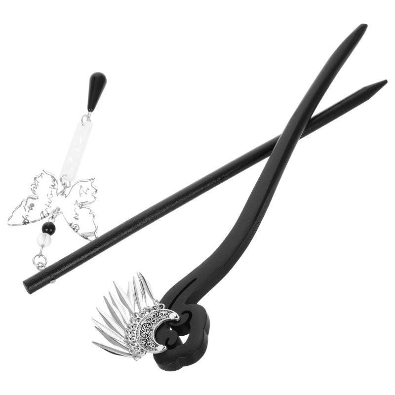 Black Wooden Hair Sticks For Women Butterfly Moon Design Hair Chopsticks French Forks - Image 2