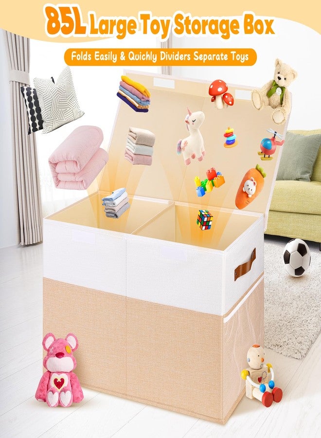 Mabahoo Large Toy Storage Box, Collapsible Sturdy Storage Chest With Lids, Kids Toy Storage Organizer Toddler Bin Boxes, 25x13x16 Toy Chest Box Bin Baskets for Living Room, Bedroom, Nursery, Beige & White - Image 2