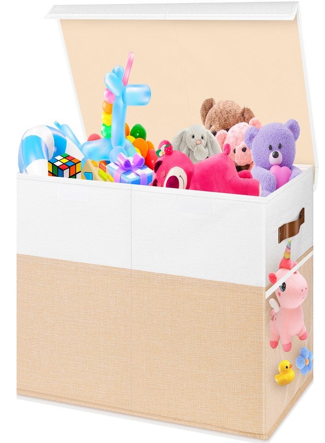 Mabahoo Large Toy Storage Box, Collapsible Sturdy Storage Chest With Lids, Kids Toy Storage Organizer Toddler Bin Boxes, 25x13x16 Toy Chest Box Bin Baskets for Living Room, Bedroom, Nursery, Beige & White - Image 1
