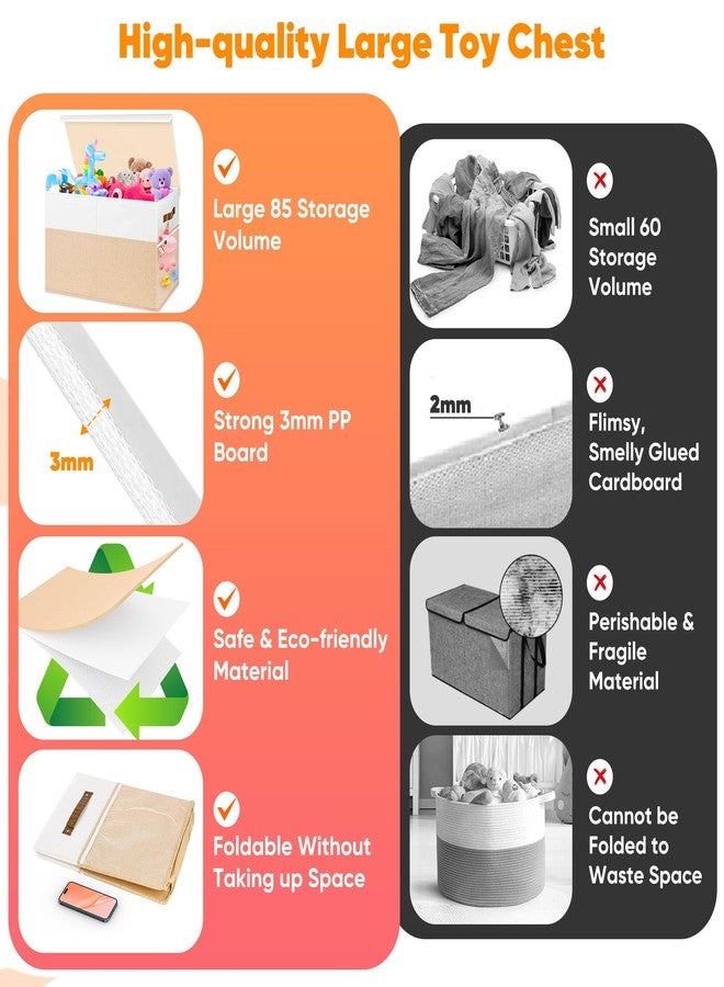 Mabahoo Large Toy Storage Box, Collapsible Sturdy Storage Chest With Lids, Kids Toy Storage Organizer Toddler Bin Boxes, 25x13x16 Toy Chest Box Bin Baskets for Living Room, Bedroom, Nursery, Beige & White - Image 5