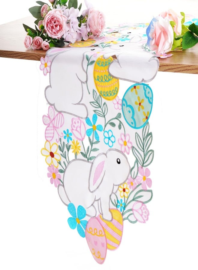 cnomg Easter Table Runner Embroidered Floral Eggs Bunnys Colorful Flower Dresser Scarf Spring Holiday Home Kitchen Dining Tabletop Decoration 14x34 Inches - Image 1