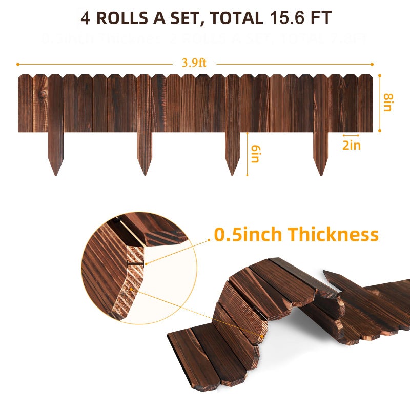 LINSHRY Wood Garden Edging, 7.9 in H x 3.9 ft L Wood Garden Fence for Landscape/Flower Bed Edging Borders, Garden Wooden Fence Edging (4 Pack, Total 15.6ft Length) - Image 2