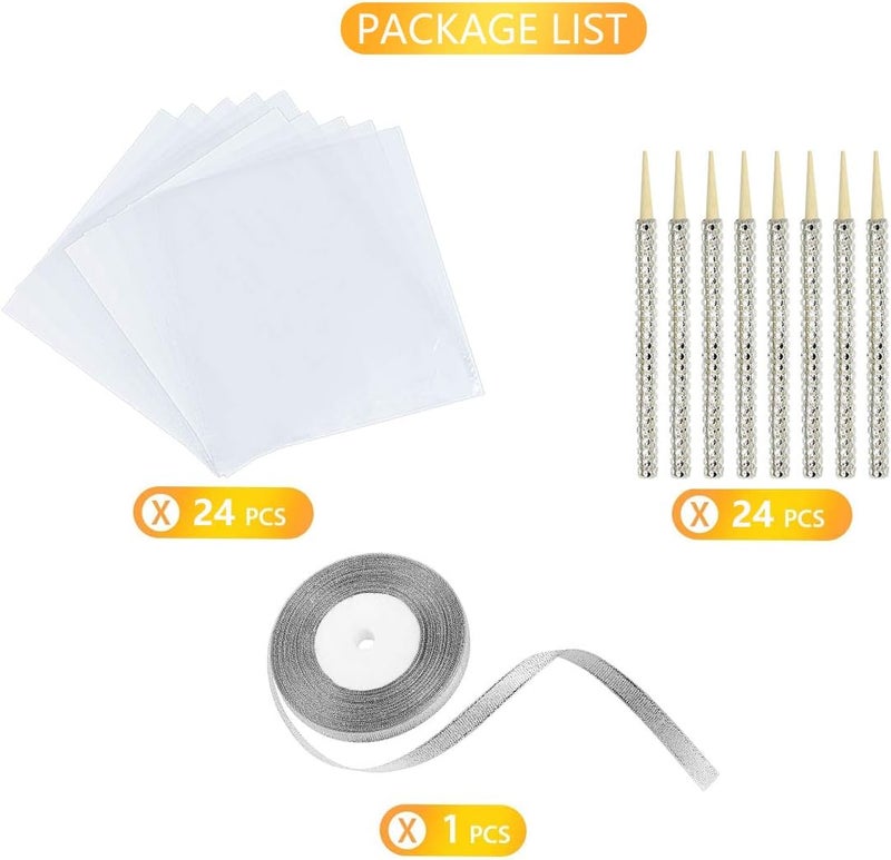 MGWOTH 24 Pack Bling Candy Apple Sticks and Bags Kits, Caramel Apple Wooden Skewers,Food Bamboo Decorative Sticks for Rice Krispie Treats Cookie Cake Pops Corn Dogs with Glass Wrapper Glitter Ribbons Tie - Image 4