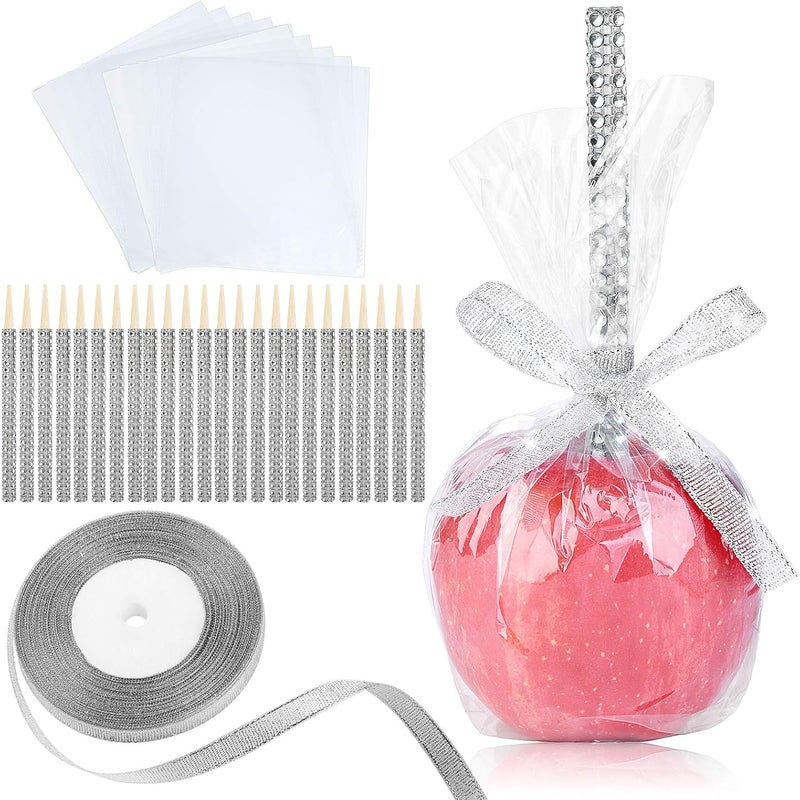 MGWOTH 24 Pack Bling Candy Apple Sticks and Bags Kits, Caramel Apple Wooden Skewers,Food Bamboo Decorative Sticks for Rice Krispie Treats Cookie Cake Pops Corn Dogs with Glass Wrapper Glitter Ribbons Tie - Image 1