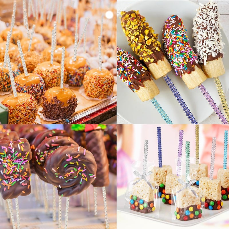 MGWOTH 24 Pack Bling Candy Apple Sticks and Bags Kits, Caramel Apple Wooden Skewers,Food Bamboo Decorative Sticks for Rice Krispie Treats Cookie Cake Pops Corn Dogs with Glass Wrapper Glitter Ribbons Tie - Image 5