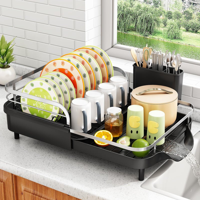 SAYZH Dish Drying Rack Expandable Dish Rack for Kitchen Counter RustResistant Dish Drainer with Utensil Holder and Raised Guardrail Kitchen Organizer for Cup and Bottle Black - Image 2