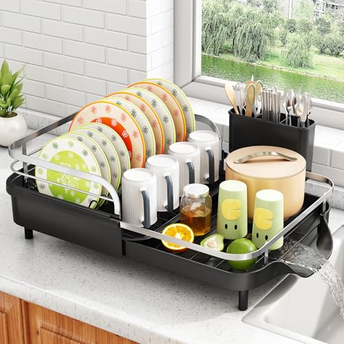 SAYZH Dish Drying Rack Expandable Dish Rack for Kitchen Counter RustResistant Dish Drainer with Utensil Holder and Raised Guardrail Kitchen Organizer for Cup and Bottle Black - Image 1