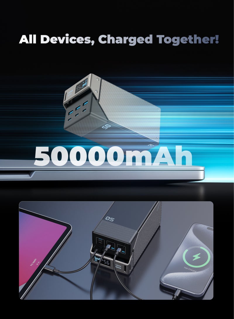 Powerology 50000mAh Power Bank 65W 3*PD Type-C and 3* USB-A with A to C Cable/for Travel/Outdoor/Camping /Simultaneous Charging / Built-in Safeguards / Display Panel / Durable Powerbank - Black - Image 3