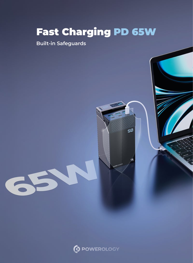 Powerology 50000mAh Power Bank 65W 3*PD Type-C and 3* USB-A with A to C Cable/for Travel/Outdoor/Camping /Simultaneous Charging / Built-in Safeguards / Display Panel / Durable Powerbank - Black - Image 5