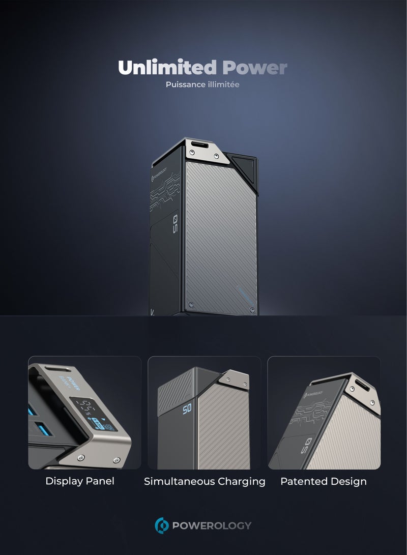 Powerology 50000mAh Power Bank 65W 3*PD Type-C and 3* USB-A with A to C Cable/for Travel/Outdoor/Camping /Simultaneous Charging / Built-in Safeguards / Display Panel / Durable Powerbank - Black - Image 4