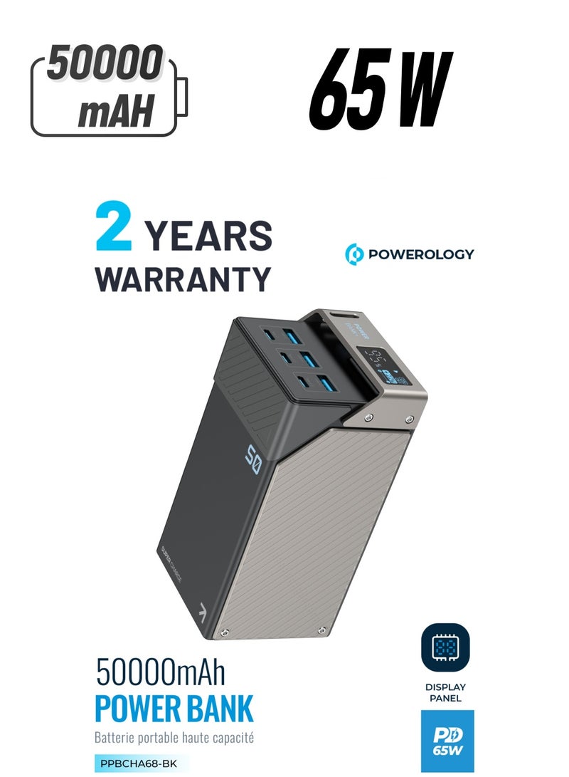 Powerology 50000mAh Power Bank 65W 3*PD Type-C and 3* USB-A with A to C Cable/for Travel/Outdoor/Camping /Simultaneous Charging / Built-in Safeguards / Display Panel / Durable Powerbank - Black - Image 1