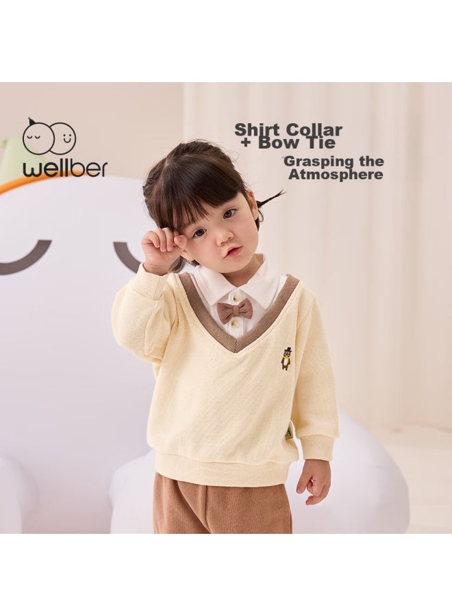 WELLBER Children'S Clothing, Boys And Girls' Wear For Older Kids Autumn Style, Preppy Fake Two-Piece Set, Beige Color, Size 110 - Image 4