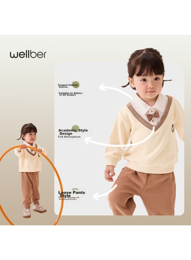 WELLBER Children'S Clothing, Boys And Girls' Wear For Older Kids Autumn Style, Preppy Fake Two-Piece Set, Beige Color, Size 110 - Image 3