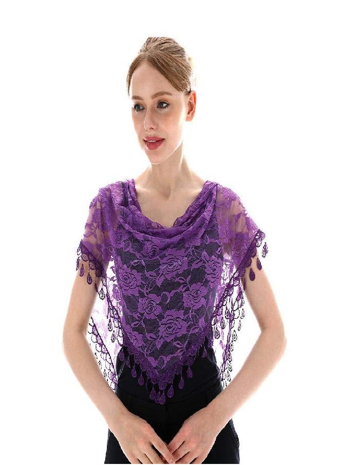 LMVERNA LMVERNA Triangle Scarf with Fringe Fashion Mantilla Veils Catholic for Women (Purple)  - Image 1
