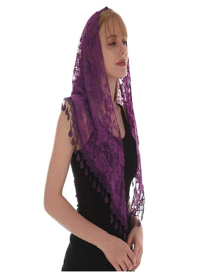 LMVERNA LMVERNA Triangle Scarf with Fringe Fashion Mantilla Veils Catholic for Women (Purple)  - Image 3