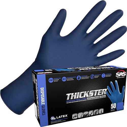 SAS Thickster Powder-Free Exam Grade Latex Disposable Gloves. Size Large. Blue, 14 mil Thickness, 12" Length. Fully Textured for Superior Grip. Single Use. Pack of 50. (6603-20) - Image 1