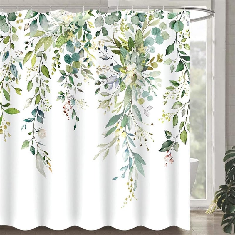 YARDHOBI Shower Curtain, Sage Green Eucalyptus Shower Curtain, Watercolor Plant Leaves with Floral Bathroom Decor Waterproof Fabric Shower Curtain Set with 12 Hooks, Waterproof Plant Shower Curtain, 72x72 Inch - Image 1