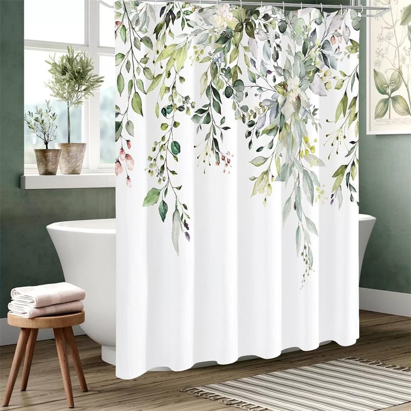 YARDHOBI Shower Curtain, Sage Green Eucalyptus Shower Curtain, Watercolor Plant Leaves with Floral Bathroom Decor Waterproof Fabric Shower Curtain Set with 12 Hooks, Waterproof Plant Shower Curtain, 72x72 Inch - Image 2