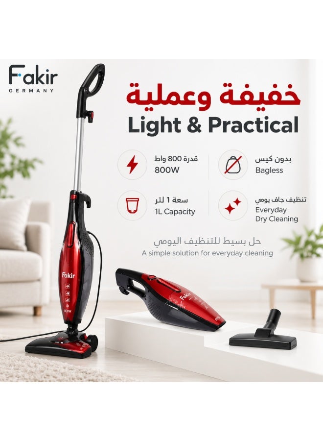 Fakir 2-in-1 Corded Stick Vacuum Cleaner, 800W, 1L, Red - Image 4