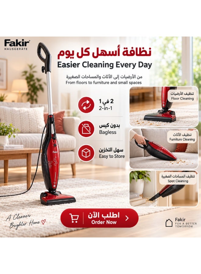 Fakir 2-in-1 Corded Stick Vacuum Cleaner, 800W, 1L, Red - Image 5