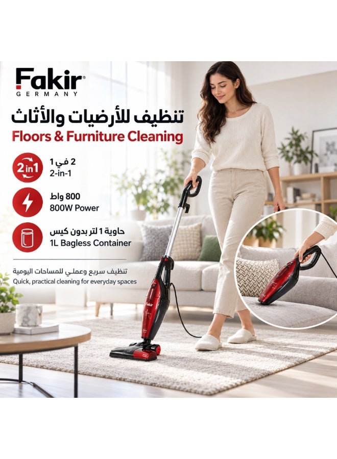 Fakir 2-in-1 Corded Stick Vacuum Cleaner, 800W, 1L, Red - Image 2