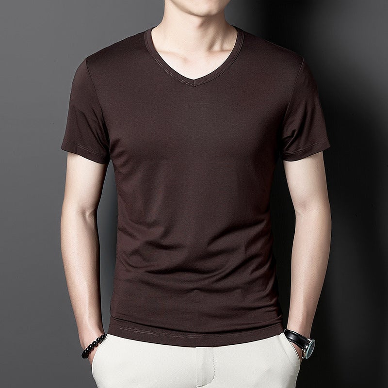 Modal Cotton Ice Silk Men's Short-Sleeved T-Shirt 2024 New Summer Pure Color V Neck T-Shirt Thin T-Shirt for Men - Image 1