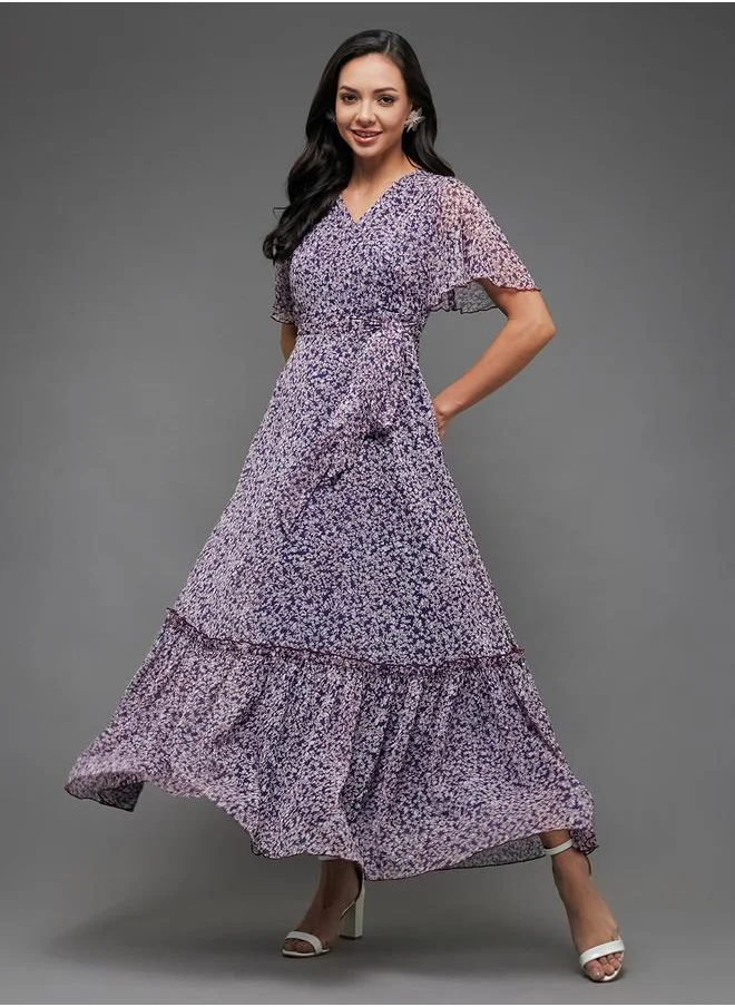 Miss Chase Miss Chase Floral Print Ruffled Hem A-Line Maxi Dress