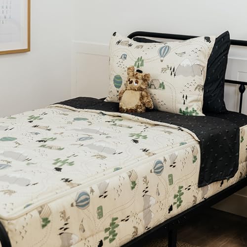 Beddy's Adventure & Wildlife Theme Durable Zipper Bedding for Kids-Bed in a Bag-Cream Comforter & Charcoal Sheets with Outdoor Explorer Design-Includes 2 Pillowcases & 2 Shams-Easy to Make & Wash-Full - Image 1