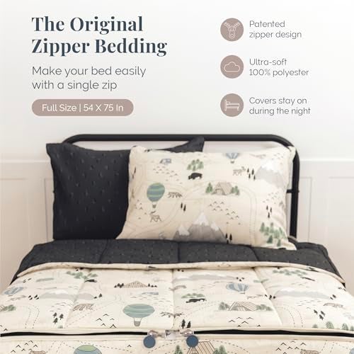 Beddy's Adventure & Wildlife Theme Durable Zipper Bedding for Kids-Bed in a Bag-Cream Comforter & Charcoal Sheets with Outdoor Explorer Design-Includes 2 Pillowcases & 2 Shams-Easy to Make & Wash-Full - Image 2