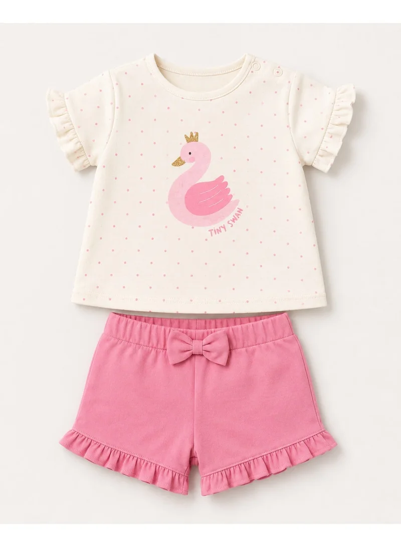 فكتور اند جين Infant Girls’ 2-Piece Set – Swan Print Top & Ruffle Shorts