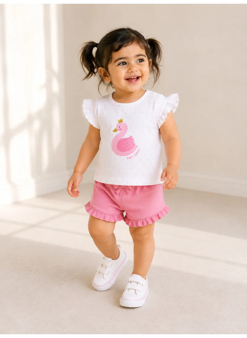 فكتور اند جين Infant Girls’ 2-Piece Set – Swan Print Top & Ruffle Shorts