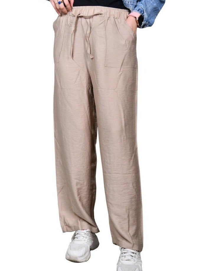 casual women linen material pants- beige color - Image 1