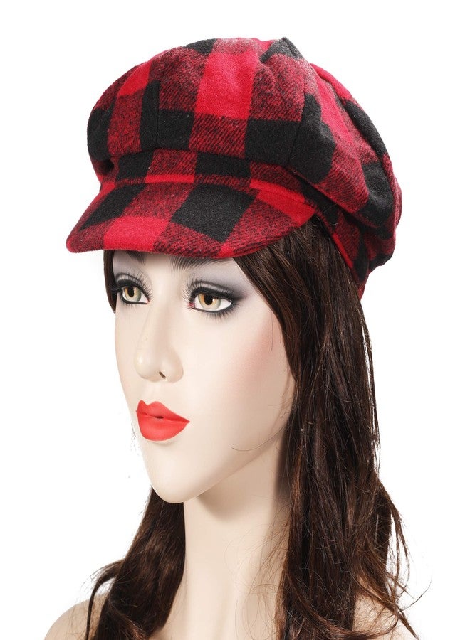 ZLYC قبعة نسائية كلاسيكية منقوشة بنمط مربعات، قبعة سائقي سيارات الأجرة غاتسبي ذات 8 أجزاء، لون أحمر - Image 2