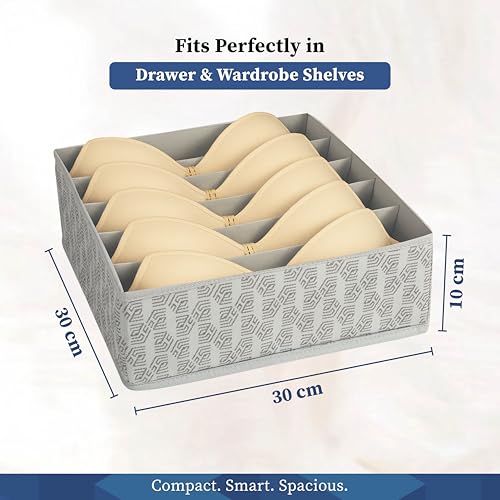 HomeStrap Bra Organizer For Drawers|6-Slot Non-Woven Foldable Undergarment Storage Box For Padded Bras,Lingerie,Scarves,Clothes & Underwear|Closet Drawer Organizer With Zipper|Pack of 2 Grey,Clothing - Image 2