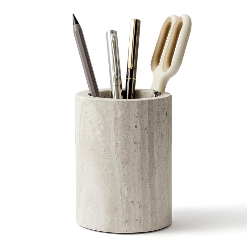 WORHE Natural Marble Pen Holder for Desk, Handcrafted Sturdy Desk Organizer with Anti-Slip Base 3.1” x 4.3” - Unique Stone Craft for Office Supplies, Makeup Brushes & Home Decor Grey (WH077) - Image 1